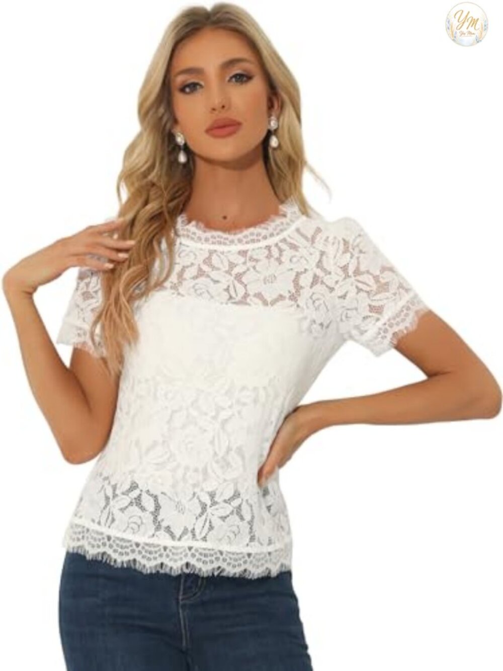 Women's Floral Lace Top Scalloped Trim Short Sleeve Semi Sheer Blouse